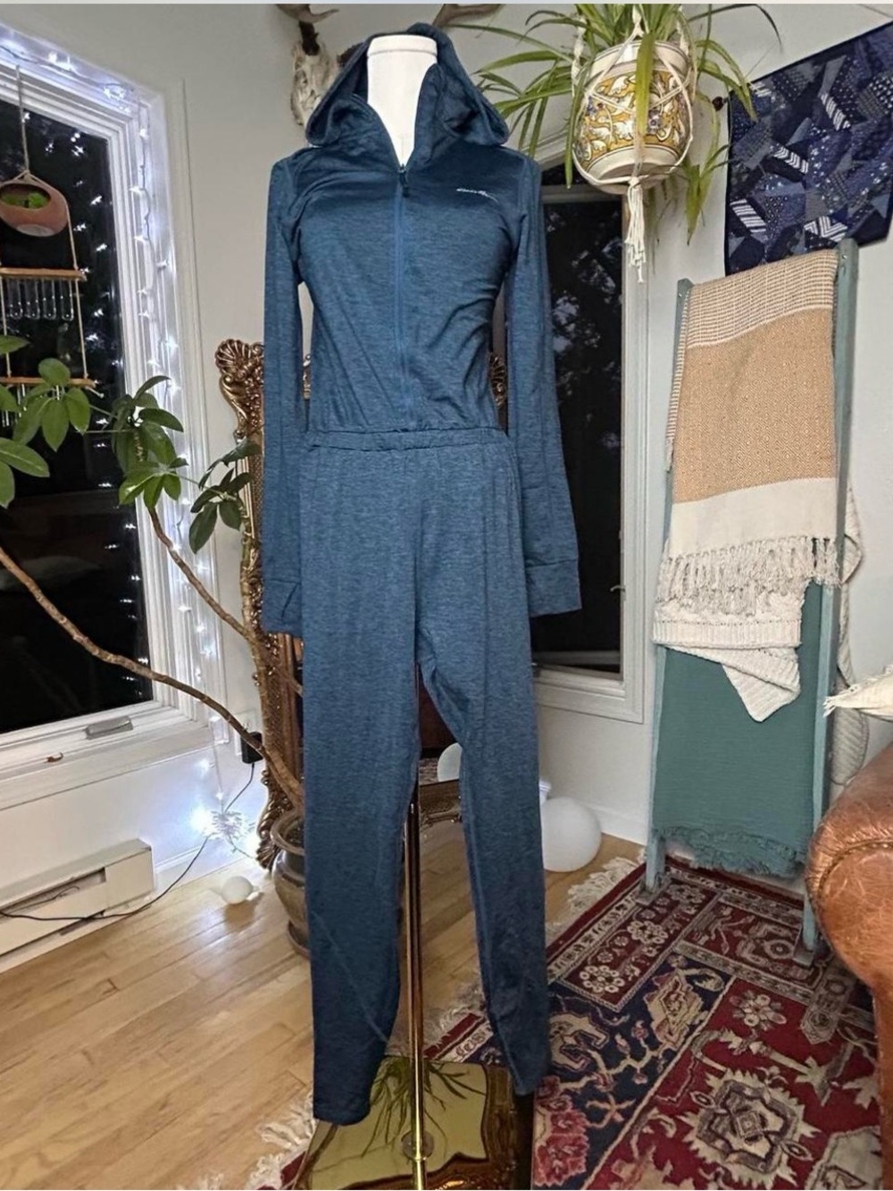 Eddie Bauer Teal Hooded Jumpsuit - Full Zip Long Sleeve Romper